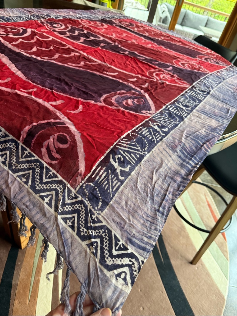 Boho, hippie Pisces Red multicolor Patterned Fringe Scarf to decorate, 45x64
